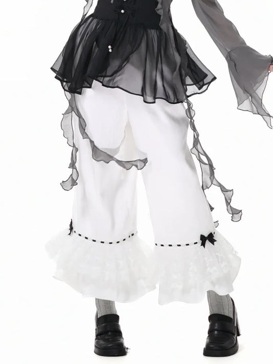 White Elastic Waist Bowknot Tiered Ruffled Cuffs Casual Pants Details