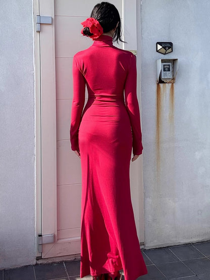 Gothic Red Coffin Cutout Cross Details High Neck Mermaid Skirt Maxi Dress