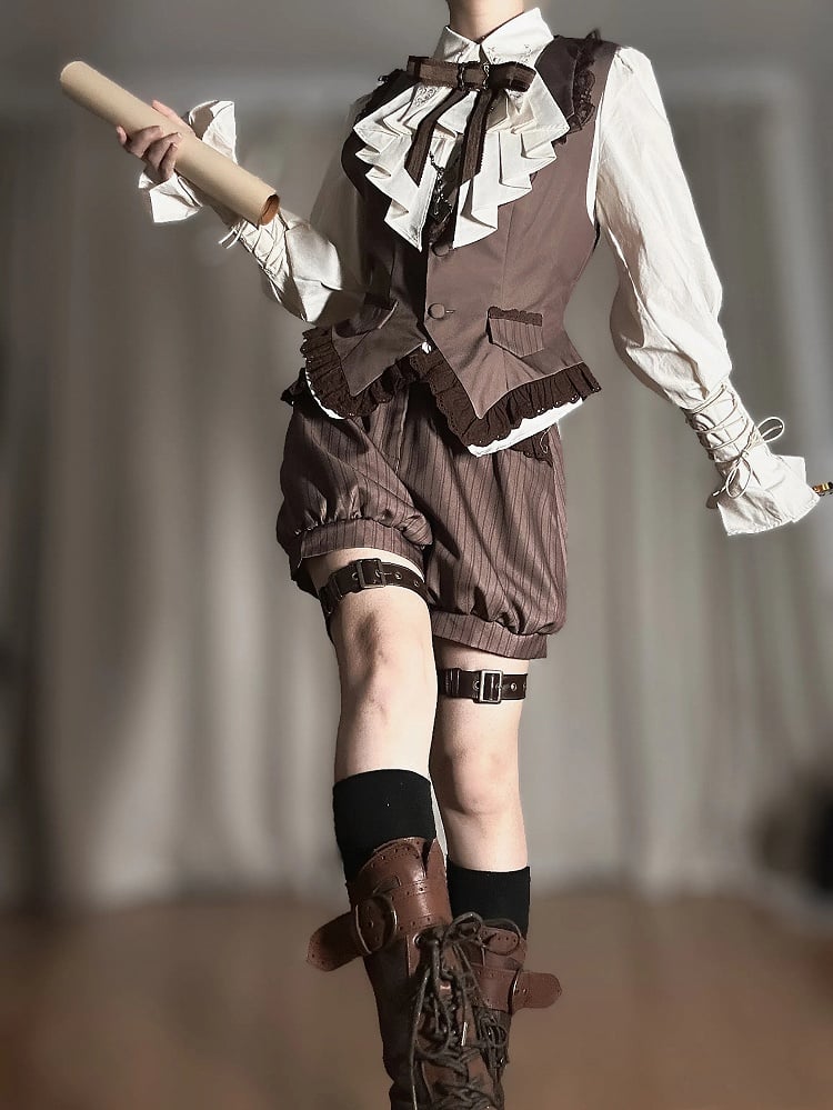 Brown Ouji Lolita Lace Trim Waistcoat + Striped Bloomer Shorts