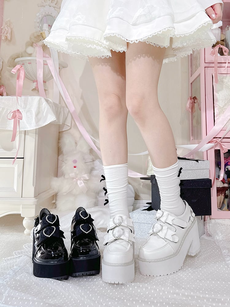 Matte White Jirai Kei Rhinestone Heart Bowknots Velcro Strap Closures  Landmine Style Platform Shoes