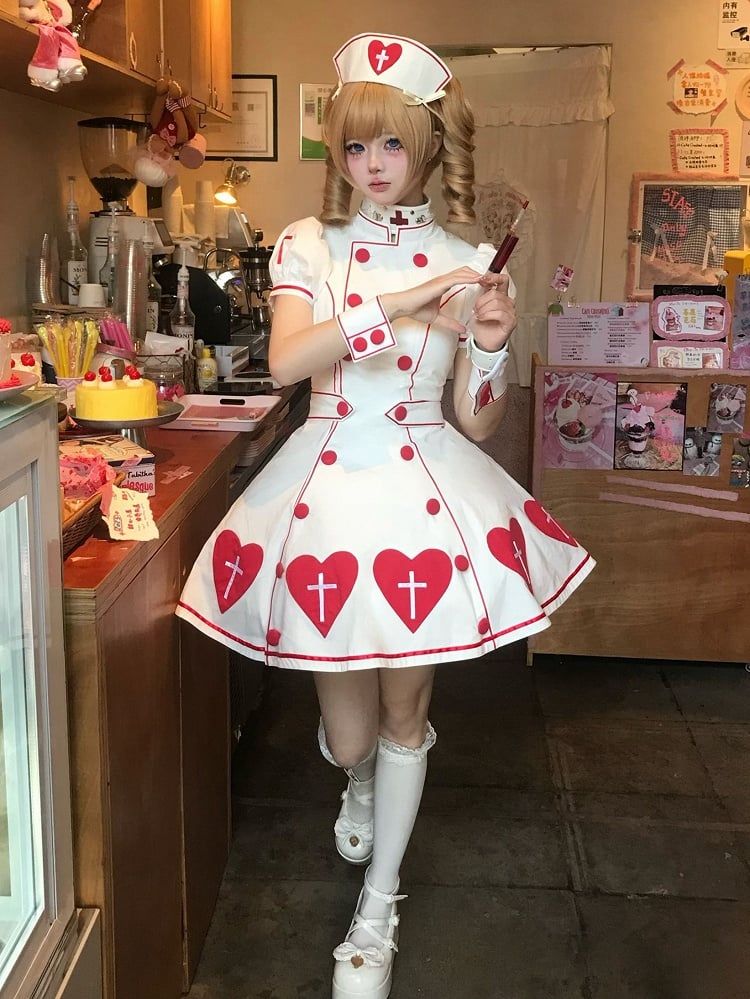 Nurse White Puff Red Patches Sleeves Heart Lolita Cross Dress
