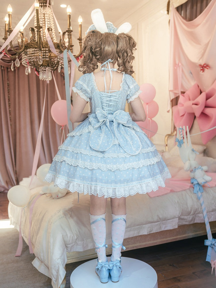 Bunny Square Dots Pattern Ears Lolita Polka Blue Plush Neckline Sweet Dress