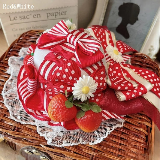 RedWhite/Black/Red Decorated Hat And Details Floral Lace Strawberry Mini Trim Bowknot