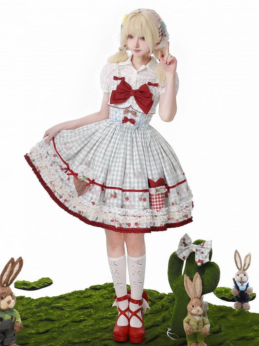 Cherry Dress Print Blue Lolita Sweet Jumper Skirt Red Gingham