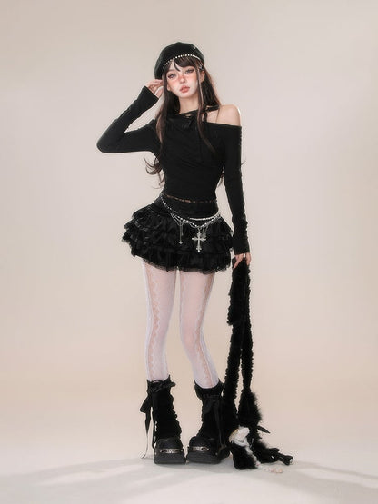 Black Pink Lace Trim Balletcore Tiered Skirt