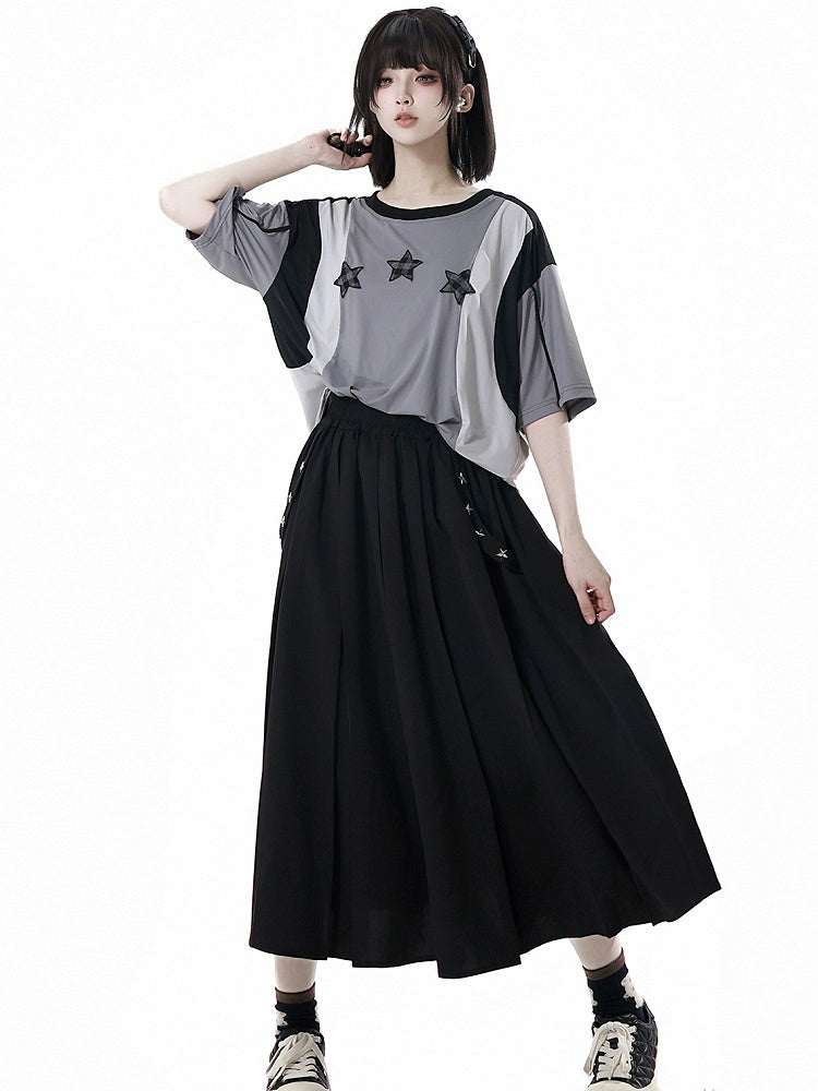 Long/Short Version Black Elastic Waist Star Studs Skirt