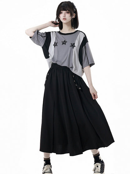 Long/Short Version Black Elastic Waist Star Studs Skirt