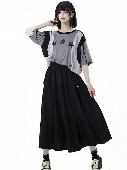 Neck Design Round Sports T-shirt Colorblock Star Appliques Plaid Black/Gray