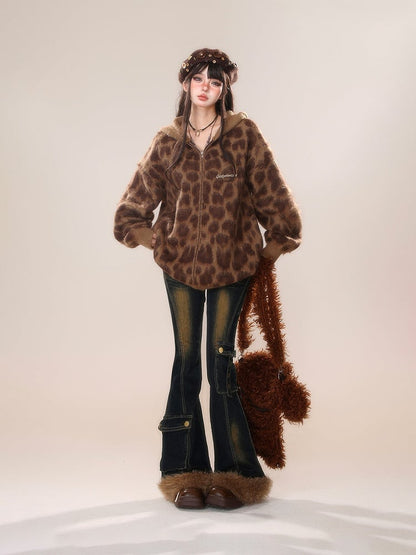 Brown Leopard Thick Hooded Zip Jacket