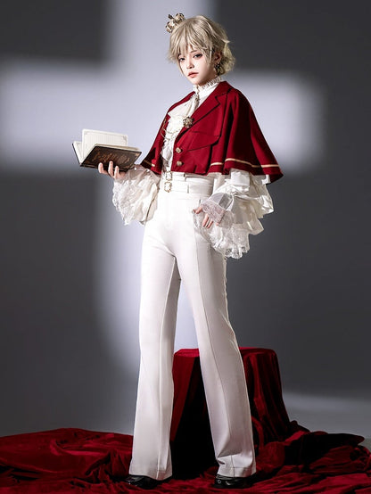 Pantalon Lolita taille haute blanc Ouji Fashion avec deux ceintures