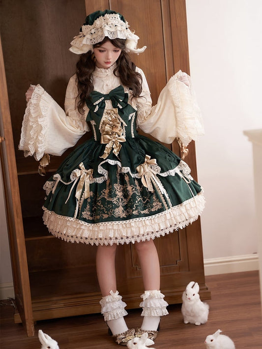 JSK Bows Dress Lolita / Green Decoration Velvet Candle Embroidery