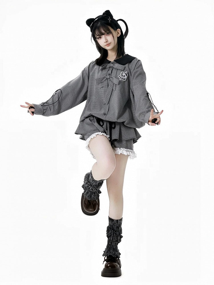 Blouse Drawstring Black and White Plaid Peter Pan Collar Bow Accents Cuffs