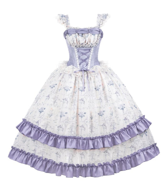 Print Floral Lolita Bodice Dress Skirt Jumper Classic Iris Corset Boned Purple
