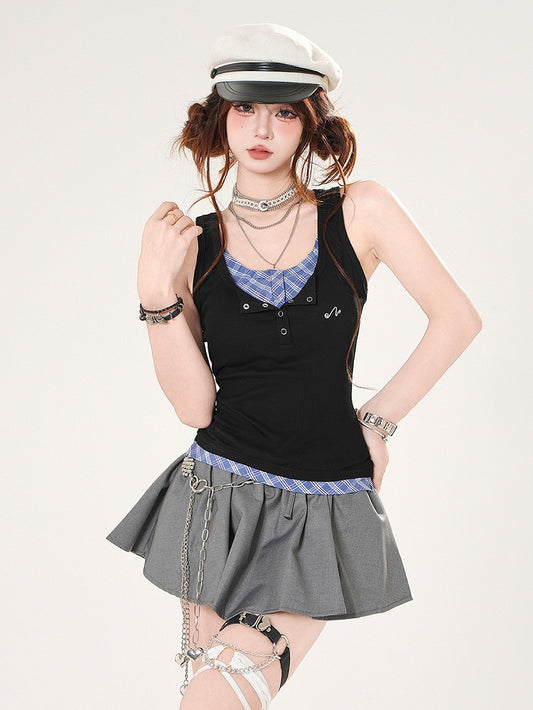 Tank Top Black and Blue Plaid Faux Two-pieces Slim-fitting