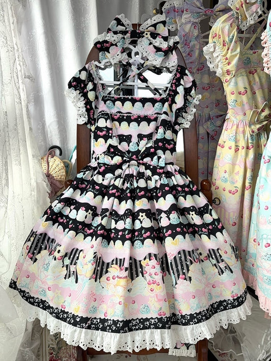 Robe Lolita d'été noire à motif cerises et glaces