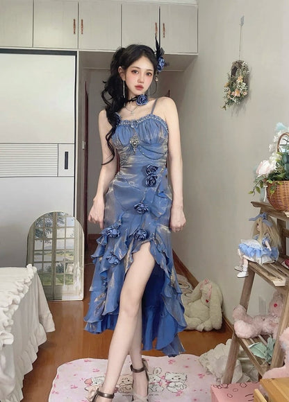 Blue Dress Rosette Evening Mermaid with Flounce Sleeves Detachable Gown