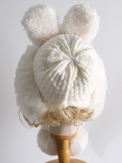 Bonnet en peluche blanc avec oreilles de lapin Lolita et pompons