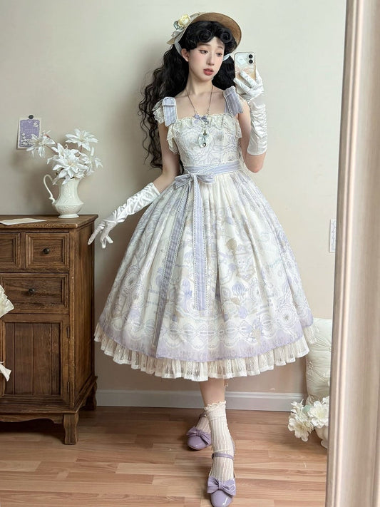 Lolita Floral Basket Classic Jumper Print Dress Flower and Skirt Purple
