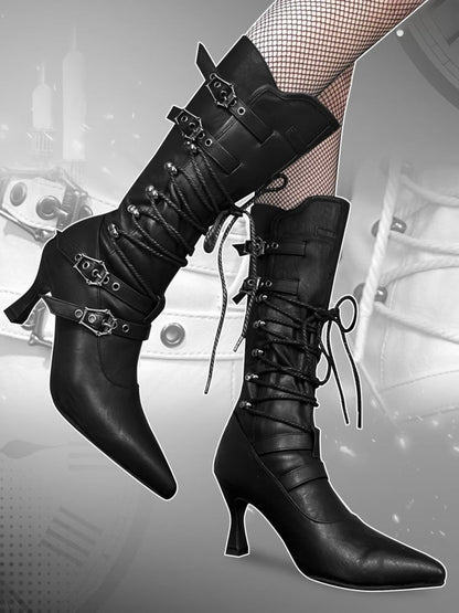 Gothic Black Lace-up Detail Pointed Toe Punk Boots