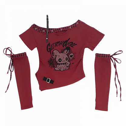 Free Y2K T-Shirt with Asymmetrical Neckline Bunny Print Red/Black Armwear