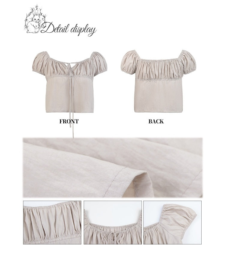 Beige Puff Sleeves Self-tie Strap Neckline Top