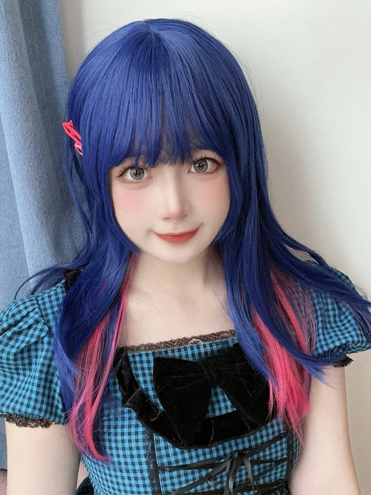 And Length Bangs Pink Highlight With Wig 70CM Blue Straight