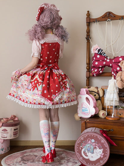 Overall Sweet Desserts Red Gummy Print and Bear Lolita Dress