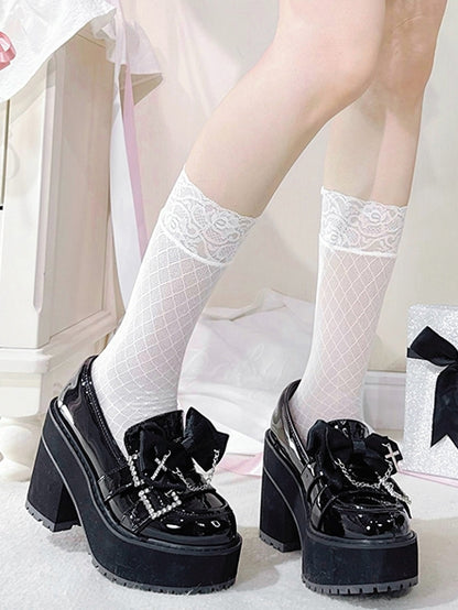 Black Polished Cross Decorated Bow Kei Rhinestoned Platform Buckles Loafers Jirai Chain