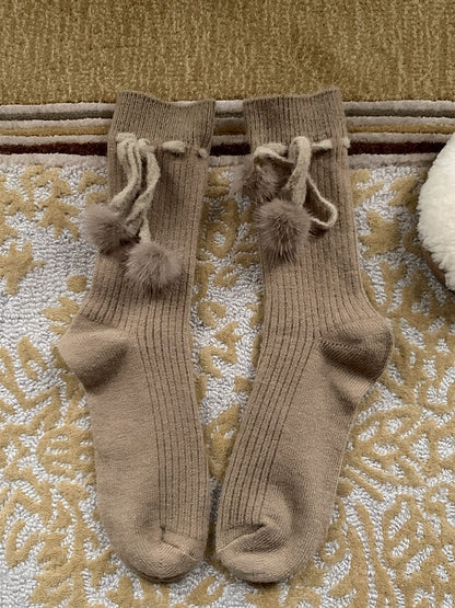 Khaki/Red/White/Grey/Green Cute Calf Socks With Pompons