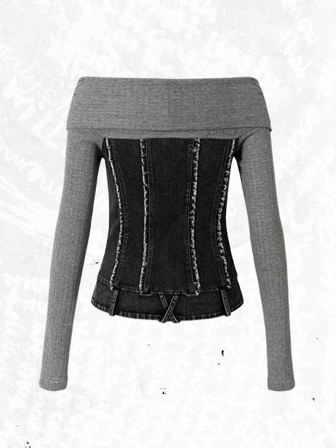 Top Knit Grey with Panels Off-Shoulder Denim Design Vintage Punk