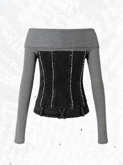 Top Knit Grey with Panels Off-Shoulder Denim Design Vintage Punk