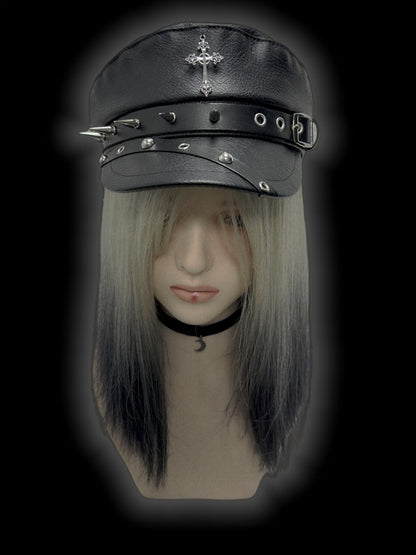 Y2K Black Cross Charm Buckle Strap Studs Adorned Punk Beret