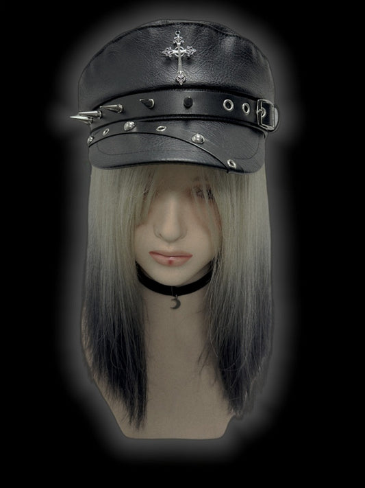 Y2K Black Cross Charm Buckle Strap Studs Adorned Punk Beret