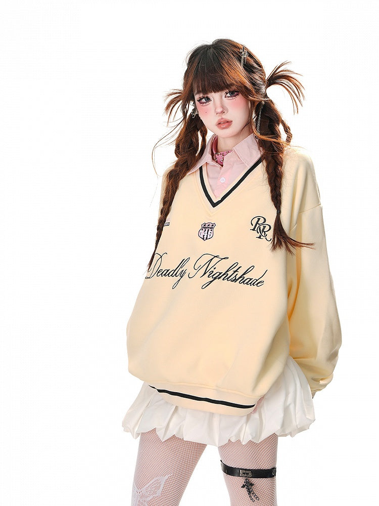Apricot/Pink Polo Collar Letter Embroidery Spring Loose Sweatshirt Faux Two-pieces