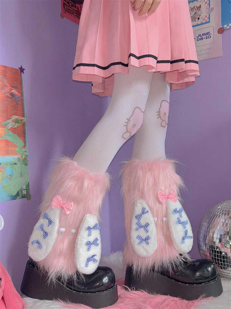 Pink/Blue Rabbit Ears Design Y2K Shaggy Leg Warmers