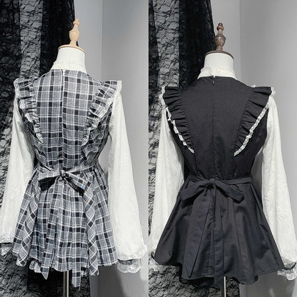 Sleeves Jirai Kei Black Illusion Neckline Flutter Plaid Set Lace Trim Mini Dress+Shorts White/Gray
