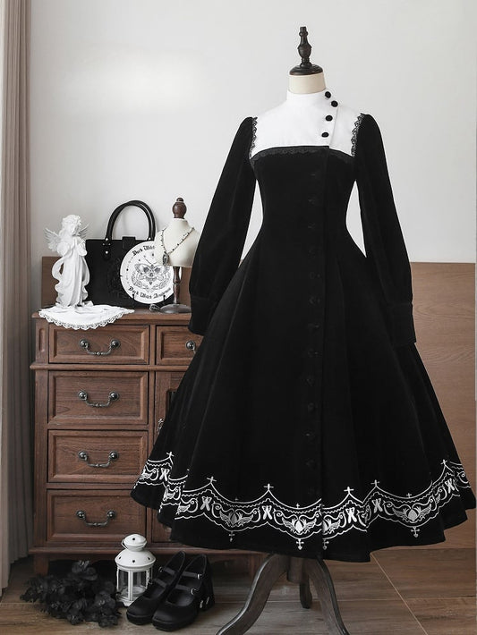 für Schwarzes Winter-Herbst-Details Nonne und Stickereiärmel Lolita-Samtkleid lang