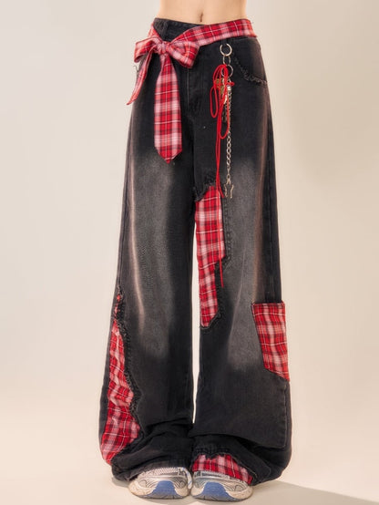 Gray Wide Leg Jeans with Red Plaid Waist Belt