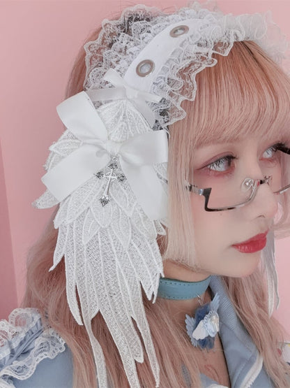 Black/White Cross Wing Lace Trim Gothic Lolita Hairband