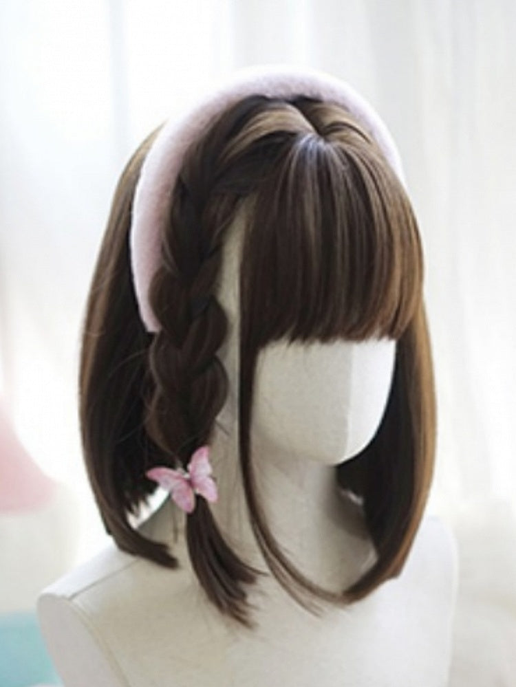 Dark Brown Bob Cut Shoulder Length Straight Wig With Full Bangs