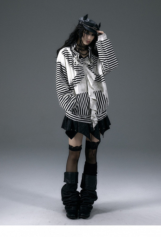 Black&White Stripe Pattern Jacket with Flounce Hem