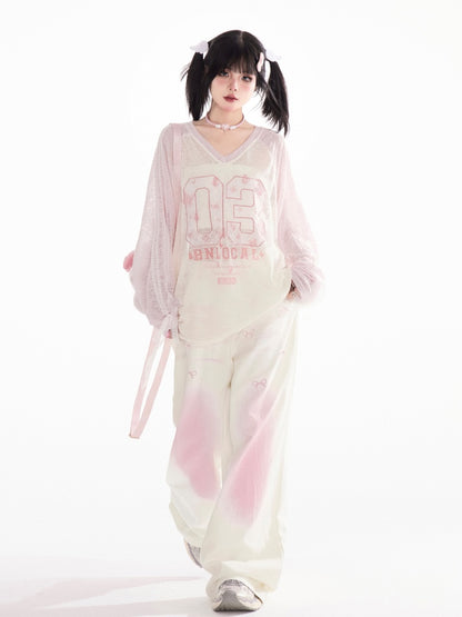 Bowknots Print Wide-Leg Pants Waist and Pink Ombre Low Apricot