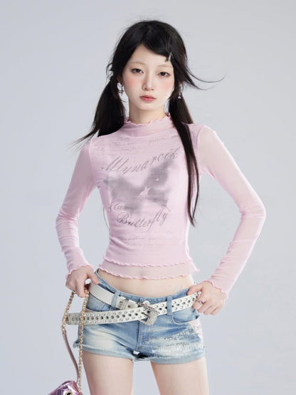 Pink/White Semi-sheer Top Butterfly Print Lettuce Hem Mesh