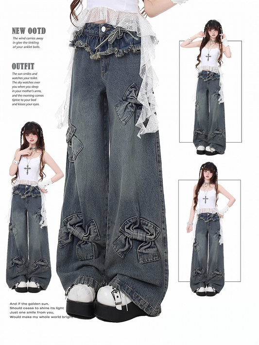 Blue Big Bows Raw Hem Wide-Leg Jeans
