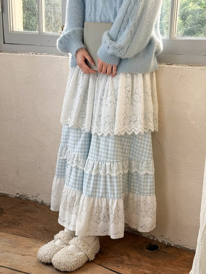 Jupe Mori Kei à carreaux en patchwork de dentelle bleue et blanche à taille haute