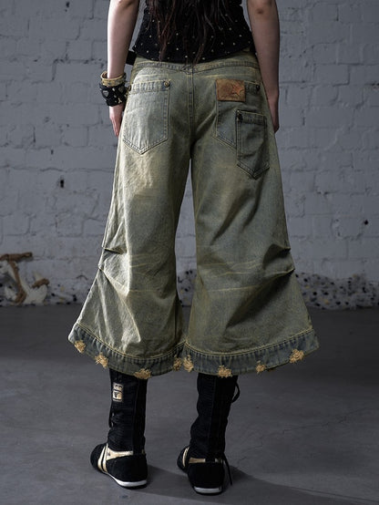 Vintage Wide-leg Jeans Punk Wing Embroidery with Distressed Holes Yellow Angel