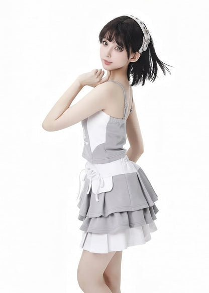 White Colorblock Design Bowknot Tiered Skirt Gray Details