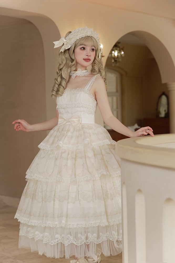 Cream Tiered Print Skirt Jumper Beads Lolita Neckline