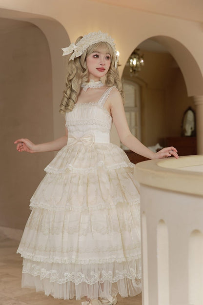 Cream Tiered Print Skirt Jumper Beads Lolita Neckline