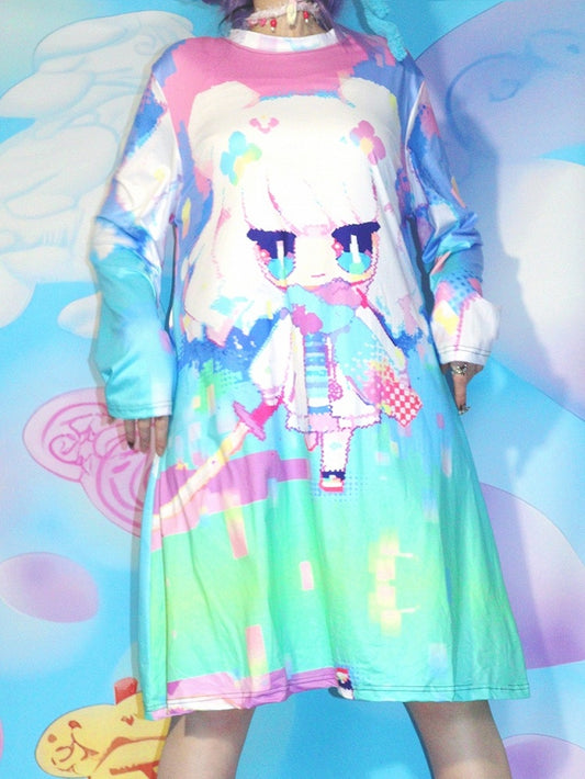 Y2K Print Kleid Cartoon Bunt